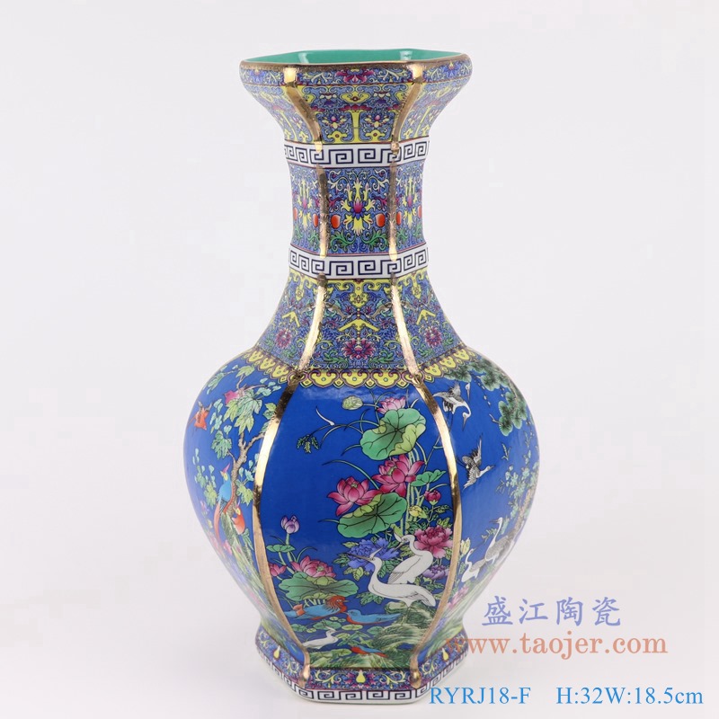 RYRJ18-F珐琅彩粉彩描金六方蓝底花鸟花瓶中号正面