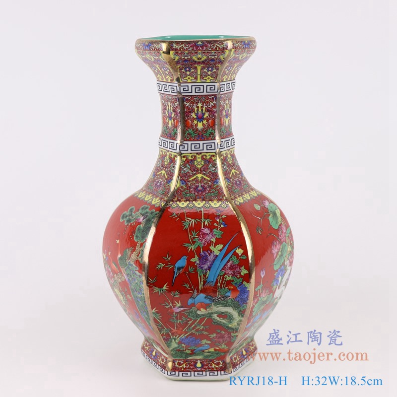 RYRJ18-H珐琅彩粉彩描金六方红底花鸟花瓶中号正面