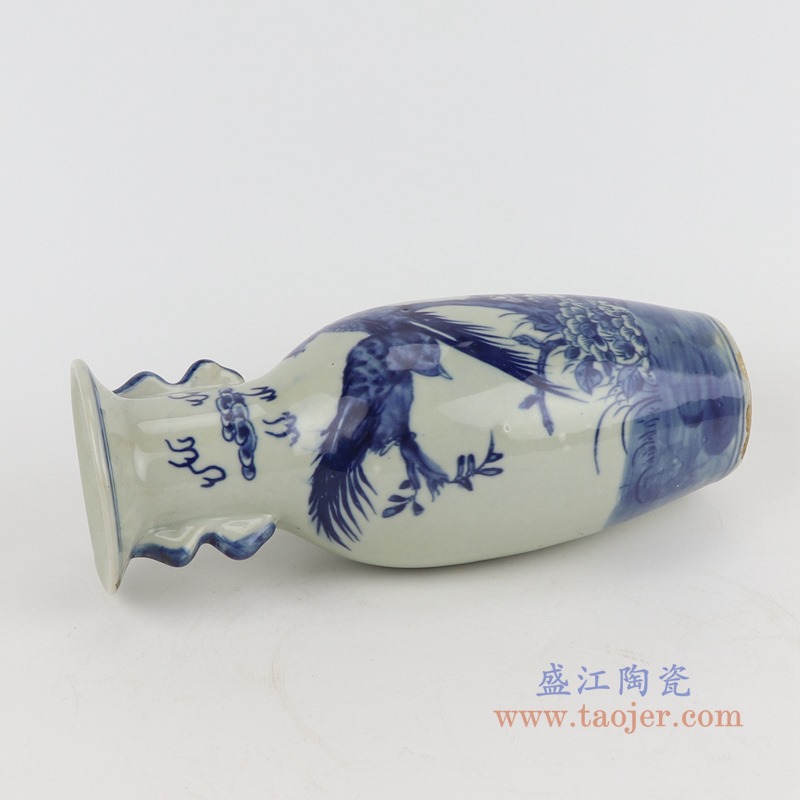 青花花鸟锦鸡图双耳鱼尾花瓶;产品编号：RZGC18-A       产品尺寸(单位cm):  高：25直径：10.2口径：底径：6.3重量：0.8KG