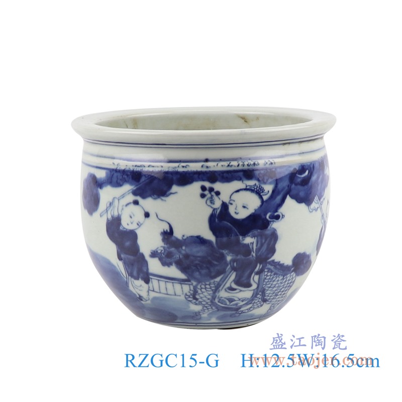 青花麒麟送子人物孩童小缸;产品编号：RZGC15-G 产品尺寸(单位cm): 高：12.5直径：16.5口径：底径：8.5重量：1.1KG