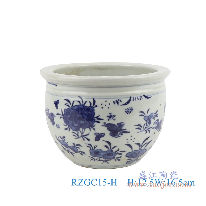 青花花鸟小缸;产品编号：RZGC15-H 产品尺寸(单位cm): 高：12.5直径：16.5口径：底径：8.5重量：1.1KG