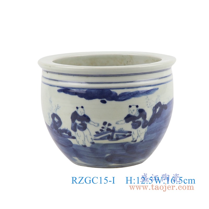 青花婴戏小孩童子小缸;产品编号：RZGC15-I 产品尺寸(单位cm): 高：12.5直径：16.5口径：底径：8.5重量：1.1KG