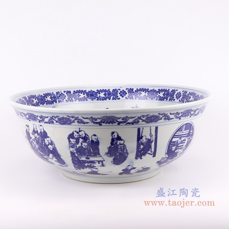 青花百子图婴戏童子纹台盆;产品编号：RZLE10-B       产品尺寸(单位cm):  高：16直径：41.5口径：底径：21重量：6KG