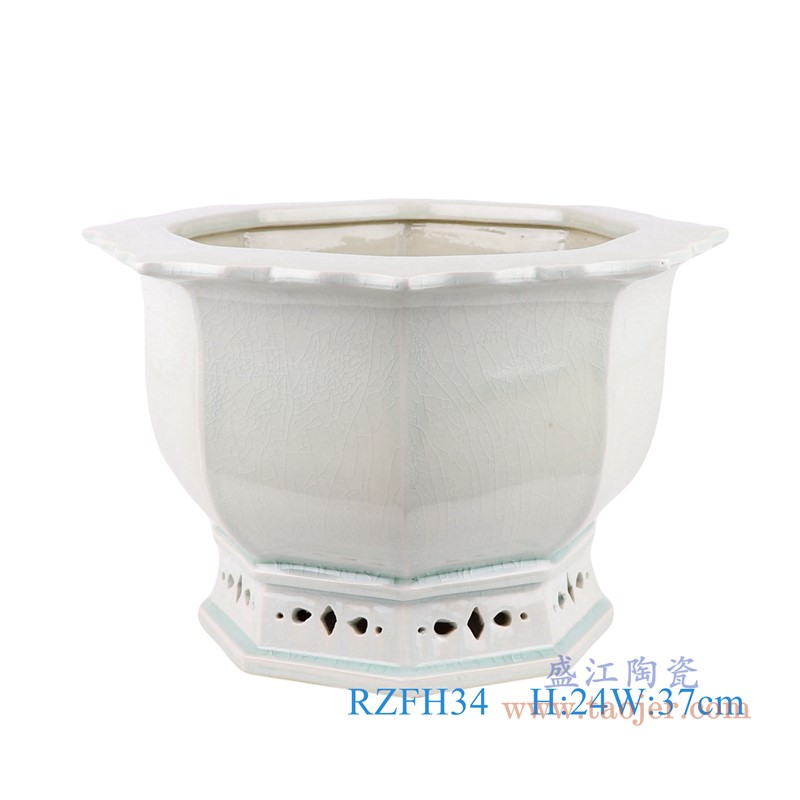 纯白开片裂纹釉八角八方花盆;产品编号：RZFH34 产品尺寸(单位cm): 高：24直径：37口径：底径：25重量：6.45KG