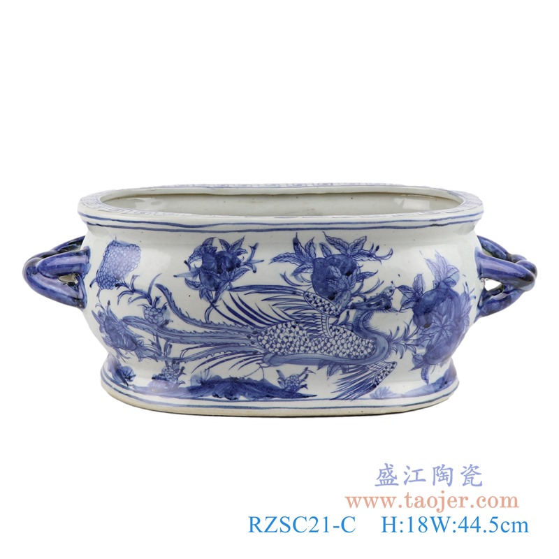 仿古青花寿桃凤凰双耳椭圆花盆;产品编号：RZSC21-C       产品尺寸(单位cm):  高：18直径：44.5口径：底径：32.5重量：5.15KG