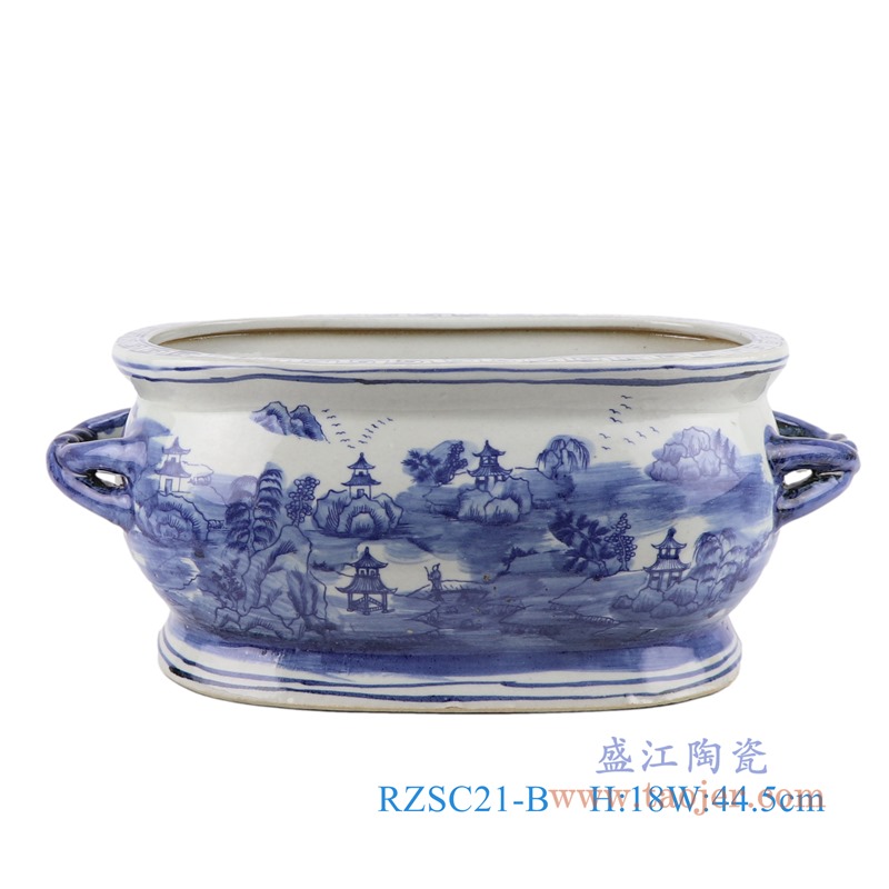 仿古青花山水双耳椭圆花盆小号;产品编号：RZSC21-B       产品尺寸(单位cm):  高：18直径：44.5口径：底径：32.5重量：5.15KG