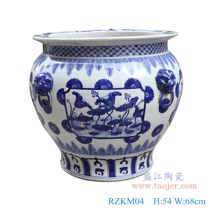 青花狮子头开窗荷花大缸水缸;产品编号：RZKM04       产品尺寸(单位cm):  高：54直径：68口径：底径：重量：KG