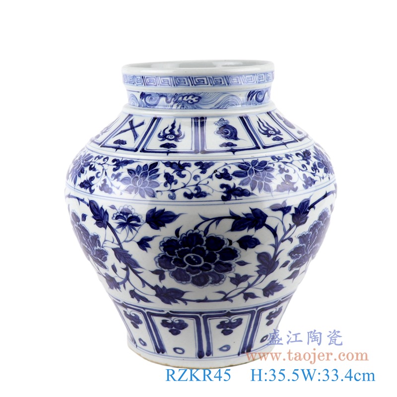 仿古元青花八宝缠枝莲大罐;产品编号：RZKR45       产品尺寸(单位cm):  高：35.5直径：33.4口径：底径：19.5重量：6.4KG