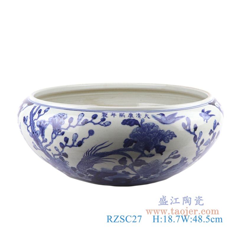 青花花鸟花钵水浅;产品编号：RZSC27       产品尺寸(单位cm):  高：18.7直径：48.5口径：底径：27重量：10.35KG