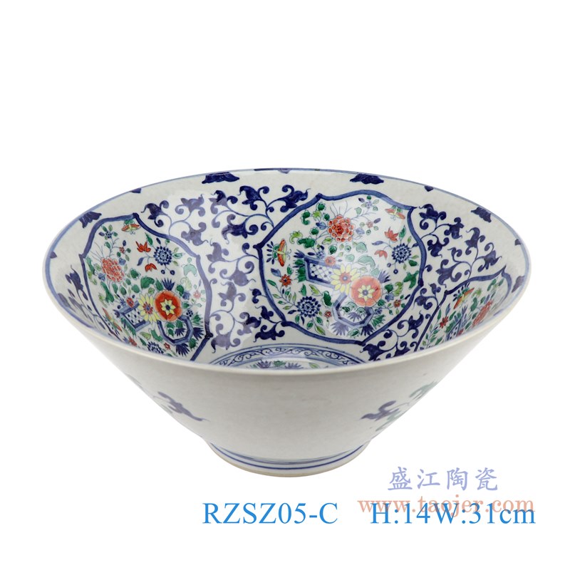 仿古彩色古彩五彩开窗缠枝莲花卉斗笠碗大碗;产品编号：RZSZ05-C       产品尺寸(单位cm):  高：14直径：31口径：底径：12重量：2KG