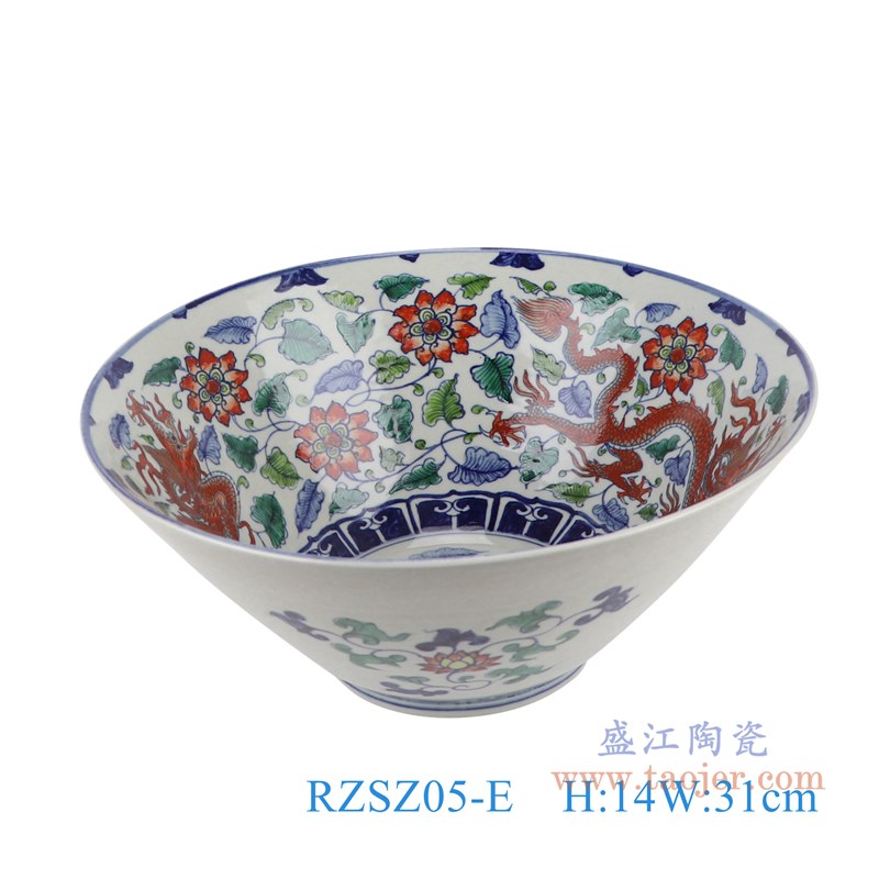 仿古彩色古彩五彩龙纹斗笠碗大碗;产品编号：RZSZ05-E       产品尺寸(单位cm):  高：14直径：31口径：底径：12重量：2KG