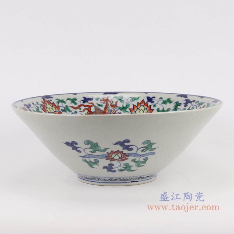 仿古彩色古彩五彩缠枝莲龙纹斗笠碗大碗;产品编号：RZSZ05-G       产品尺寸(单位cm):  高：14直径：31口径：底径：12重量：2KG