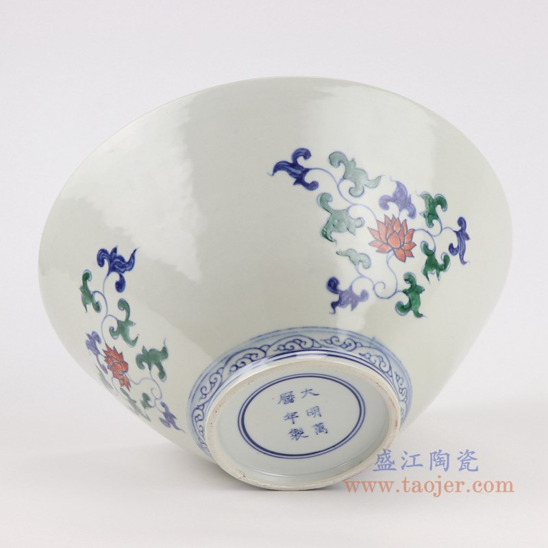 仿古彩色古彩五彩缠枝莲花卉斗笠碗大碗;产品编号：RZSZ05-H       产品尺寸(单位cm):  高：14直径：31口径：底径：12重量：2KG