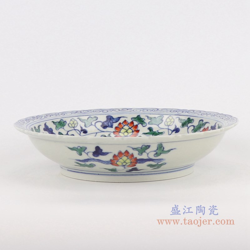 仿古古彩五彩花边缠枝莲双凤凰盘;产品编号：RZSZ12-B       产品尺寸(单位cm):  高：4.8直径：21.6口径：底径：13.2重量：0.5KG