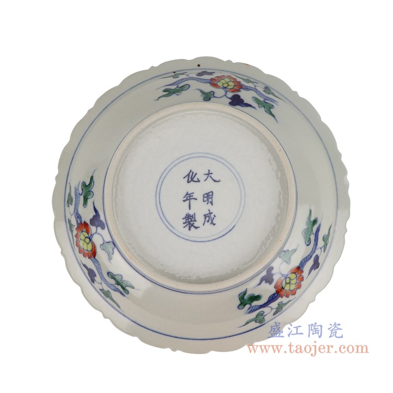 仿古古彩五彩花边缠枝莲双凤凰盘;产品编号：RZSZ12-B       产品尺寸(单位cm):  高：4.8直径：21.6口径：底径：13.2重量：0.5KG