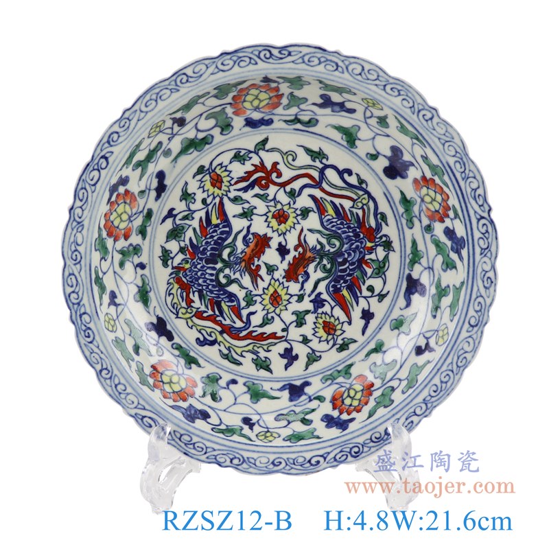 仿古古彩五彩花边缠枝莲双凤凰盘;产品编号：RZSZ12-B       产品尺寸(单位cm):  高：4.8直径：21.6口径：底径：13.2重量：0.5KG