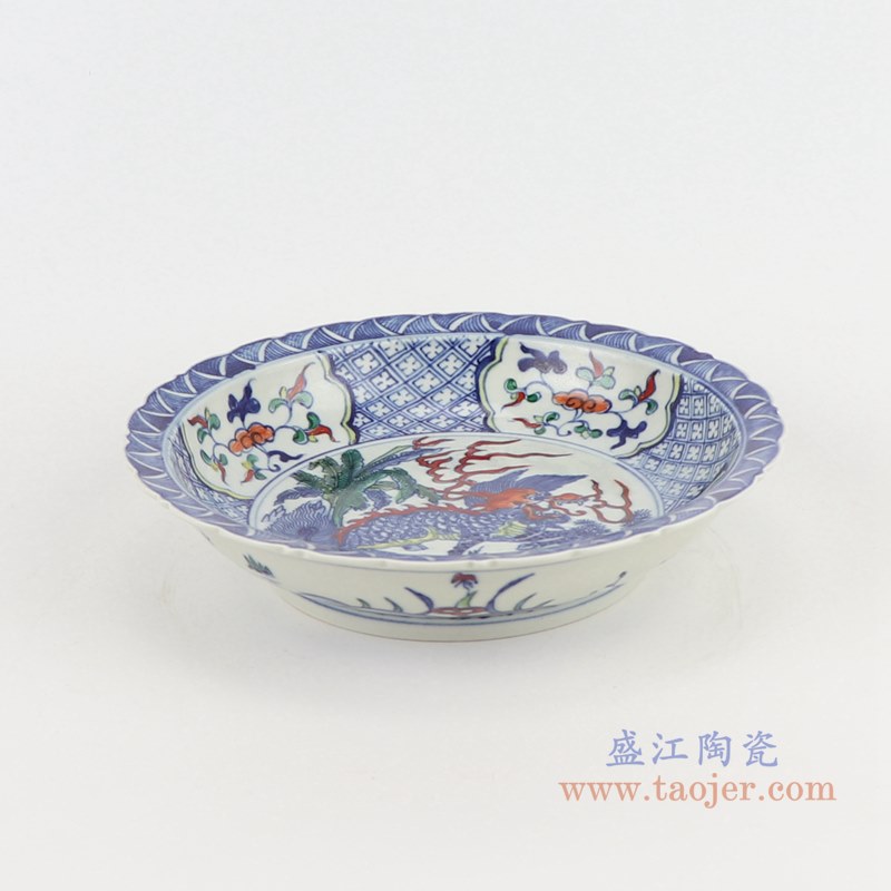 仿古古彩五彩花边缠开窗缠枝麒麟盘;产品编号：RZSZ12-D       产品尺寸(单位cm):  高：4.8直径：21.6口径：底径：13.2重量：0.5KG