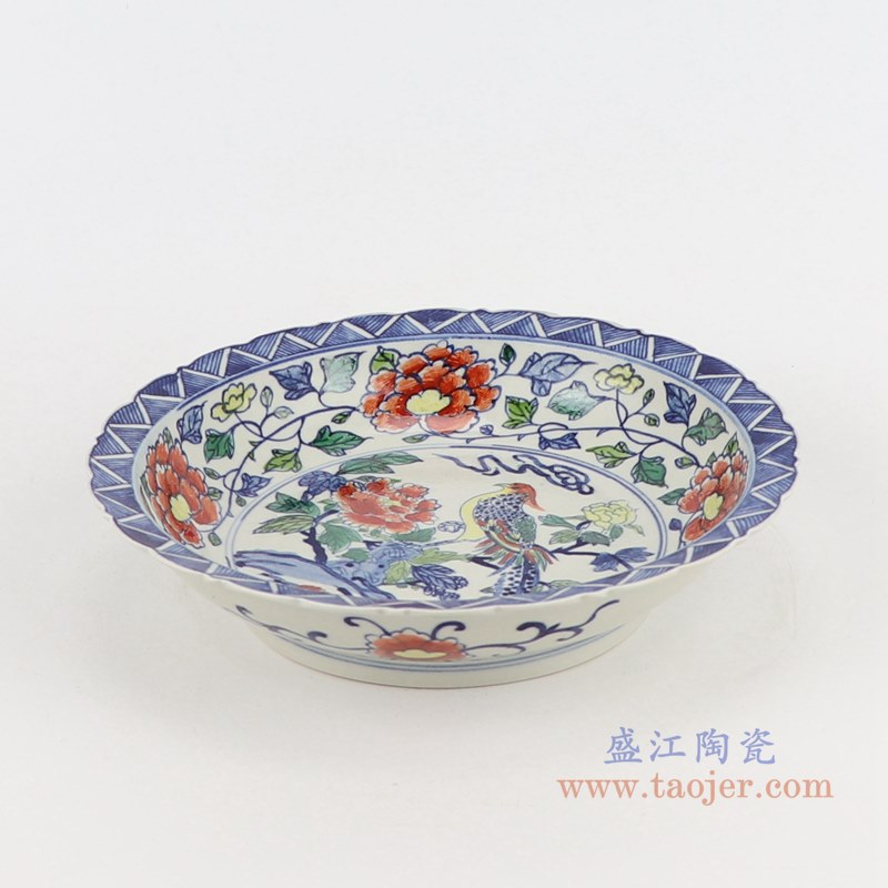 仿古古彩五彩花边锦鸡牡丹花鸟纹盘;产品编号：RZSZ12-F       产品尺寸(单位cm):  高：4.8直径：21.6口径：底径：13.2重量：0.5KG