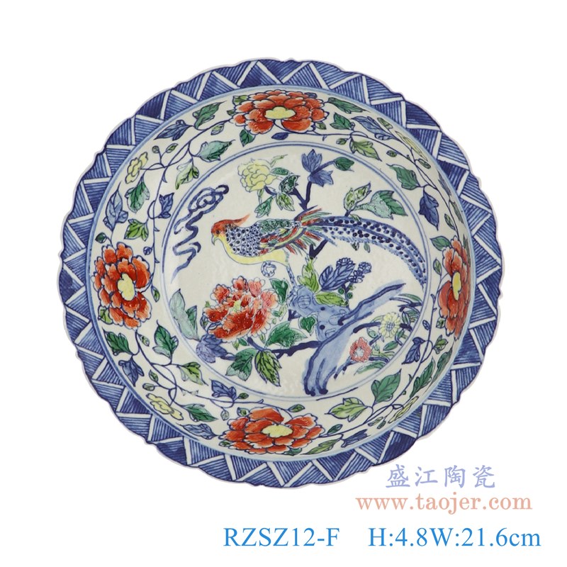 仿古古彩五彩花边锦鸡牡丹花鸟纹盘;产品编号：RZSZ12-F       产品尺寸(单位cm):  高：4.8直径：21.6口径：底径：13.2重量：0.5KG