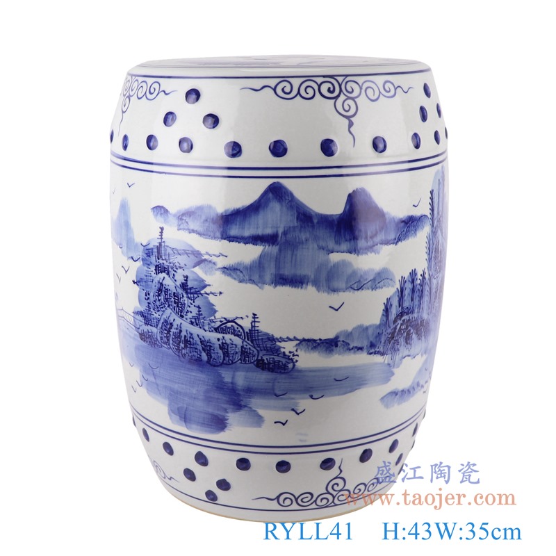 青花山水鼓凳子凉墩;产品编号：RYLL41       产品尺寸(单位cm):  高：43直径：35口径：底径：26重量：KG