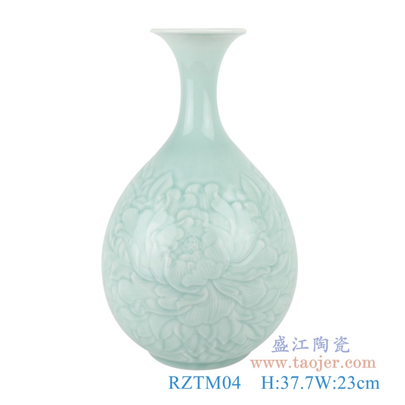 颜色釉影青雕刻牡丹纹胆瓶花瓶;产品编号：RZTM04       产品尺寸(单位cm):  高：37.7直径：23口径：底径：13重量：3KG