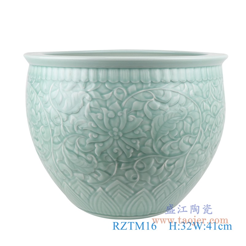 颜色釉影青雕刻缠枝莲大缸水缸;产品编号：RZTM16       产品尺寸(单位cm):  高：32直径：41口径：底径：22.5重量：11.5KG