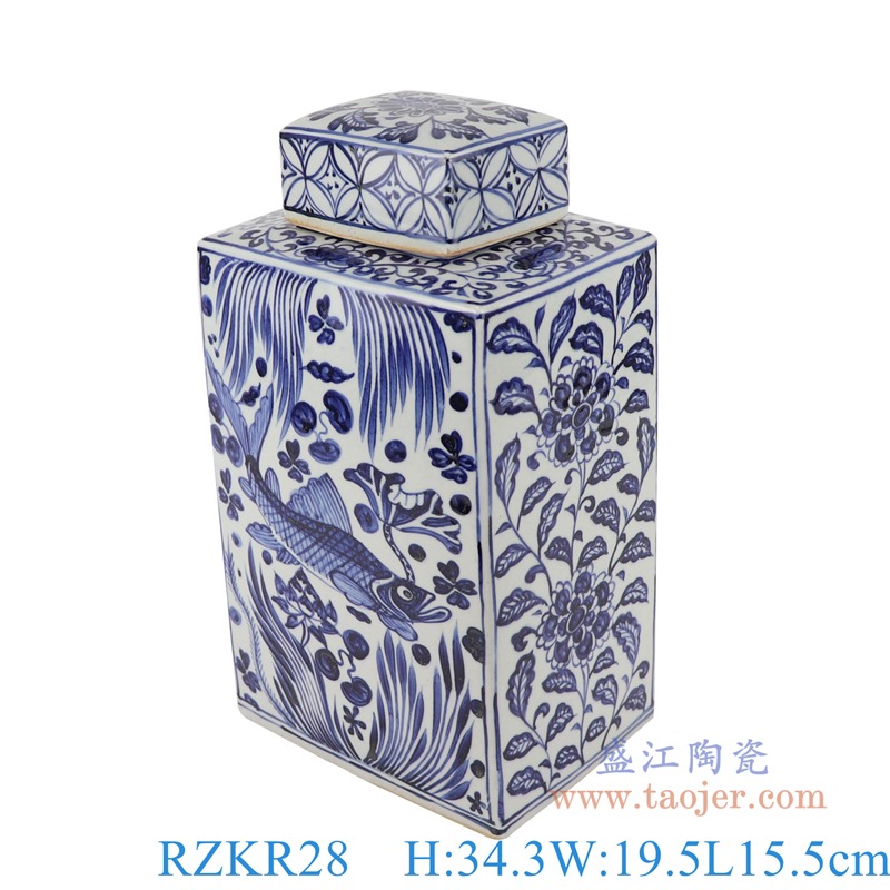 青花鱼藻纹四方方直筒罐四面茶叶罐;产品编号：RZKR28       产品尺寸(单位cm):  高：34.3直径：19.5口径：底径：19.5重量：4.05KG