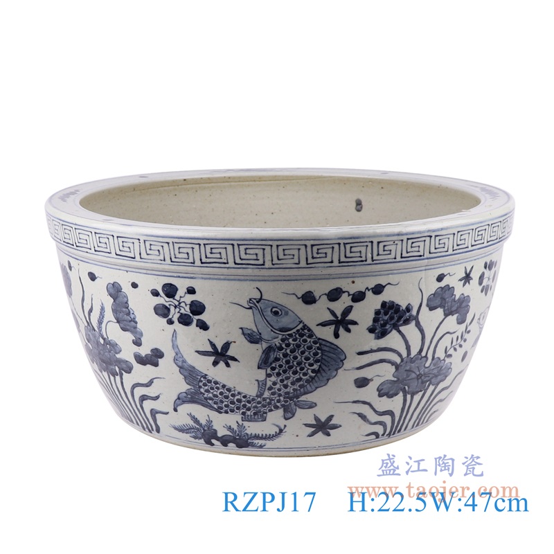 仿古青花鱼藻纹水浅大碗缸;产品编号：RZPJ17 产品尺寸(单位cm): 高：22.5直径：47口径：底径：34.2重量：9.7KG