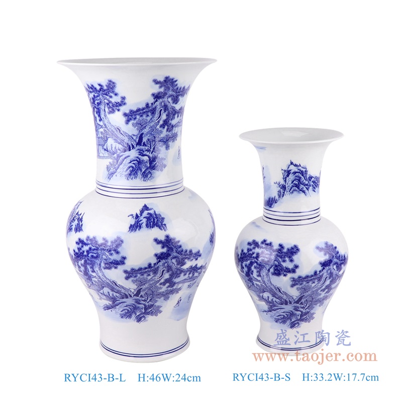 青花山水花菇大小号组合;产品编号：RYCI43-B-L-S-zuhetu       产品尺寸(单位cm):  高：直径：口径：底径：重量：KG