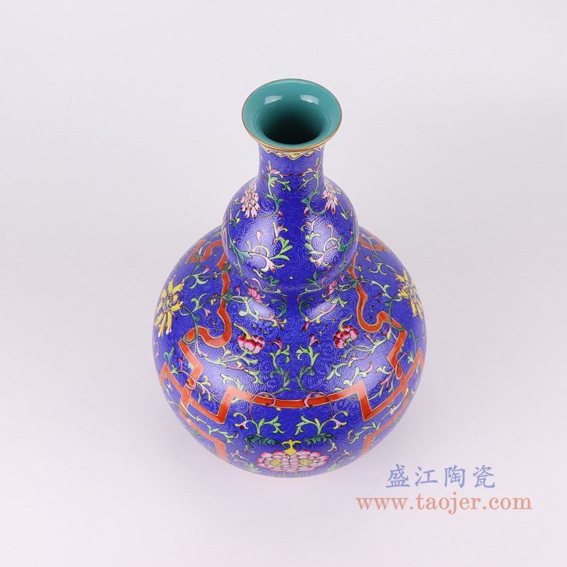 粉彩珐琅彩深蓝底扒花缠枝莲葫芦瓶;产品编号：RYLW34-B       产品尺寸(单位cm):  高：39.1直径：23.2口径：底径：12重量：3.5KG