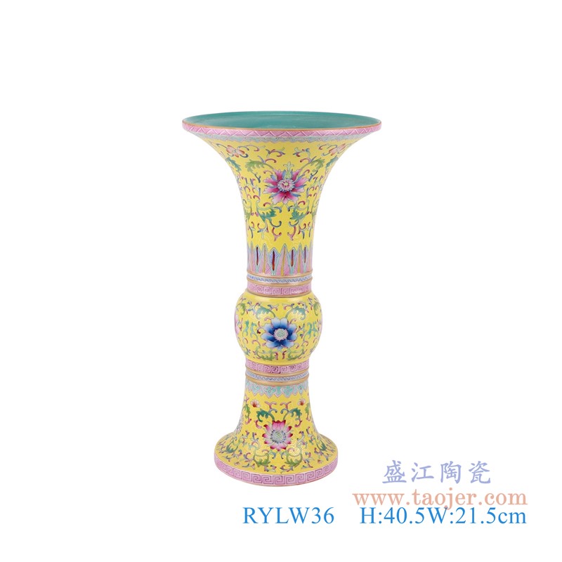 粉彩珐琅彩黄底扒花缠枝莲花菇瓶;产品编号：RYLW36       产品尺寸(单位cm):  高：40.5直径：21.5口径：底径：14.5重量：2.8KG