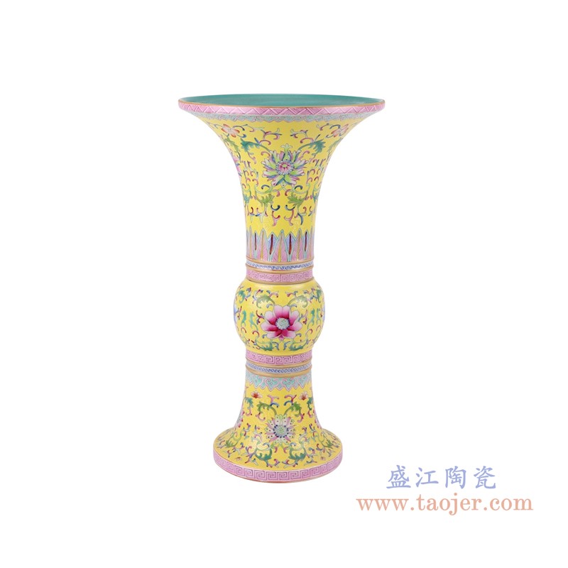 粉彩珐琅彩黄底扒花缠枝莲花菇瓶;产品编号：RYLW36       产品尺寸(单位cm):  高：40.5直径：21.5口径：底径：14.5重量：2.8KG