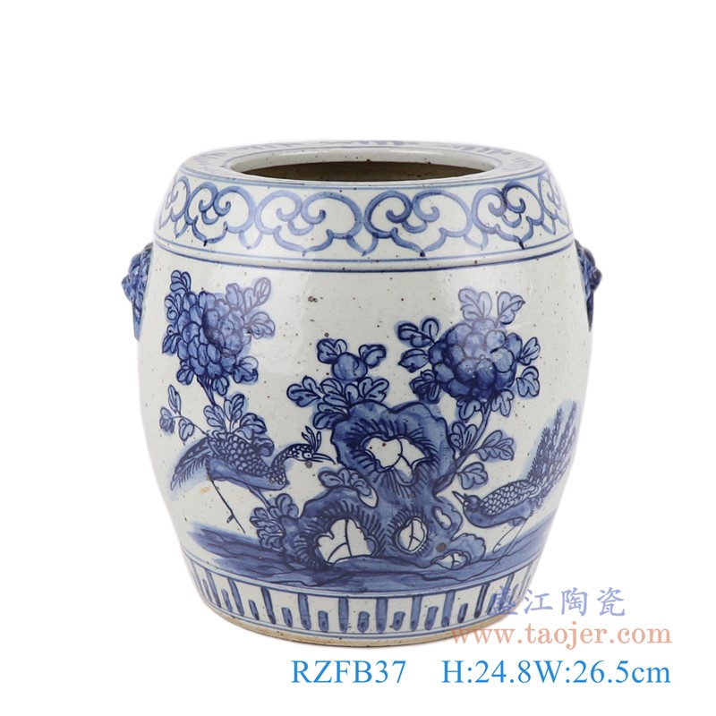 青花狮子环花鸟小缸;产品编号：RZFB37       产品尺寸(单位cm):  高：24.8直径：26.5口径：底径：18.5重量：4KG