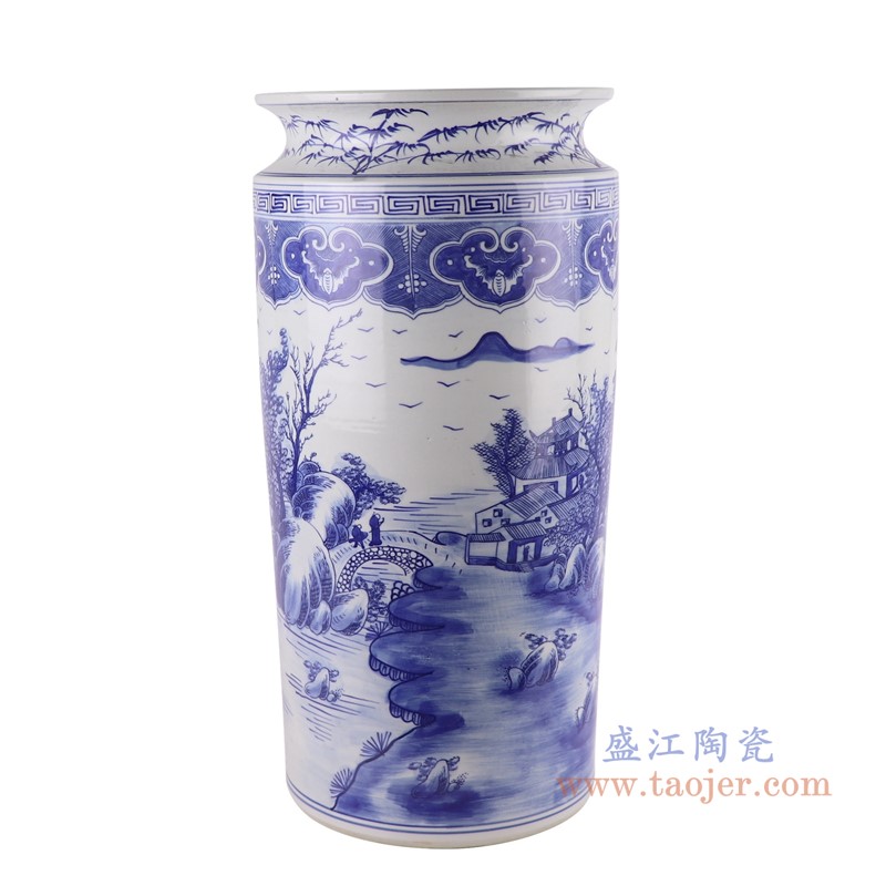 青花山水箭筒伞筒;产品编号：RZKJ12       产品尺寸(单位cm):  高：52.8直径：26口径：底径：20.5重量：9KG