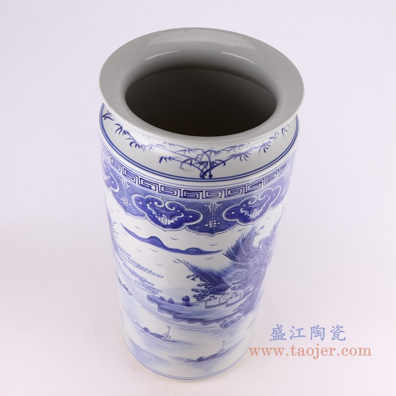 青花山水箭筒伞筒;产品编号：RZKJ12       产品尺寸(单位cm):  高：52.8直径：26口径：底径：20.5重量：9KG