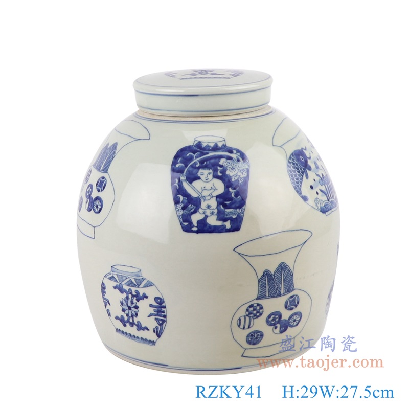 青花博古纹侁字眀罐储物罐;产品编号：RZKY41       产品尺寸(单位cm):  高：29直径：27.5口径：底径：23.3重量：5.9KG