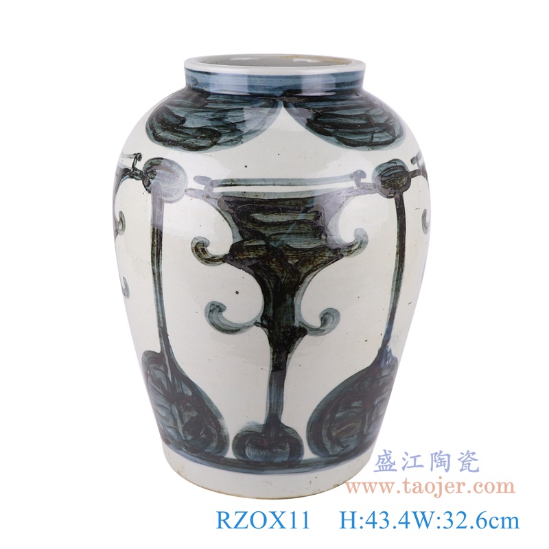 青花墨彩牛角琵琶纹罐子;产品编号：RZOX11       产品尺寸(单位cm):  高：43.4直径：32.6口径：底径：23.3重量：10.2KG