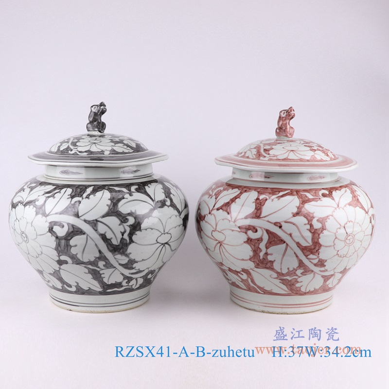 墨彩矾红花卉狗头罐盖罐;产品编号：RZSX41-A-B-zuhetu       产品尺寸(单位cm):  高：37直径：34.2口径：底径：重量：KG