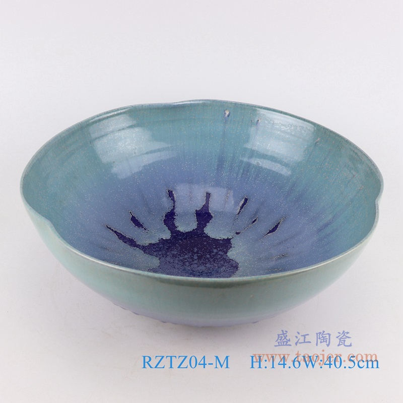 窑变颜色釉蓝色异形水浅中号;产品编号：RZTZ04-M       产品尺寸(单位cm):  高：14.6直径：40.5口径：底径：19.5重量：4.5KG