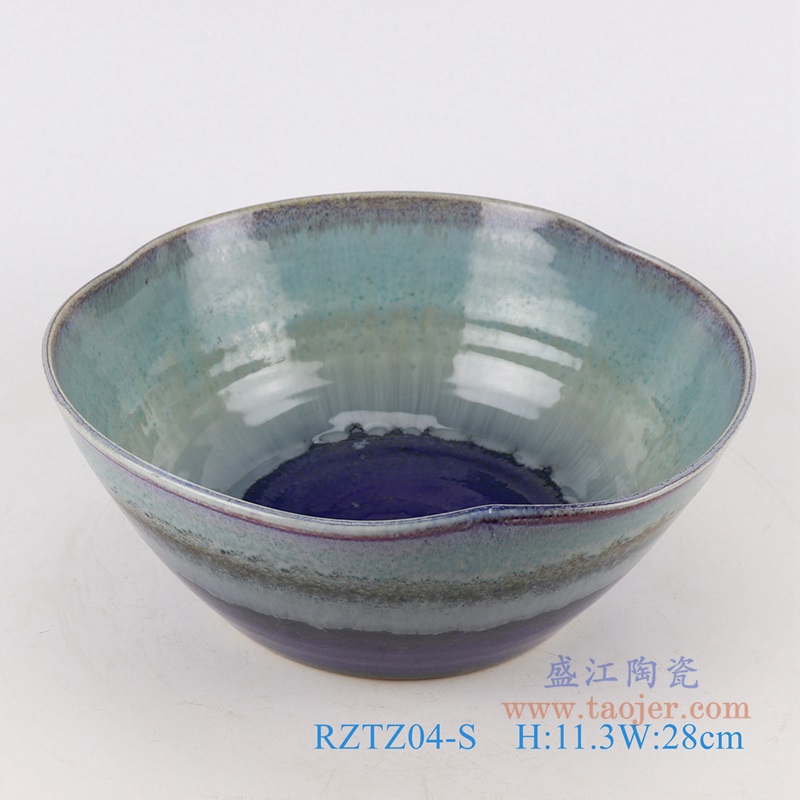 窑变颜色釉浅蓝异形水浅小号;产品编号：RZTZ04-S 产品尺寸(单位cm): 高：11.3直径：28口径：底径：15.7重量：1.7KG