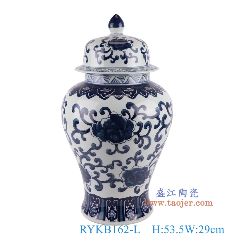 青花缠枝莲将军罐大号，产品编号：RYKB162-L       产品尺寸(单位cm):  高53.5直径29口径底径18.3重量5.45KG