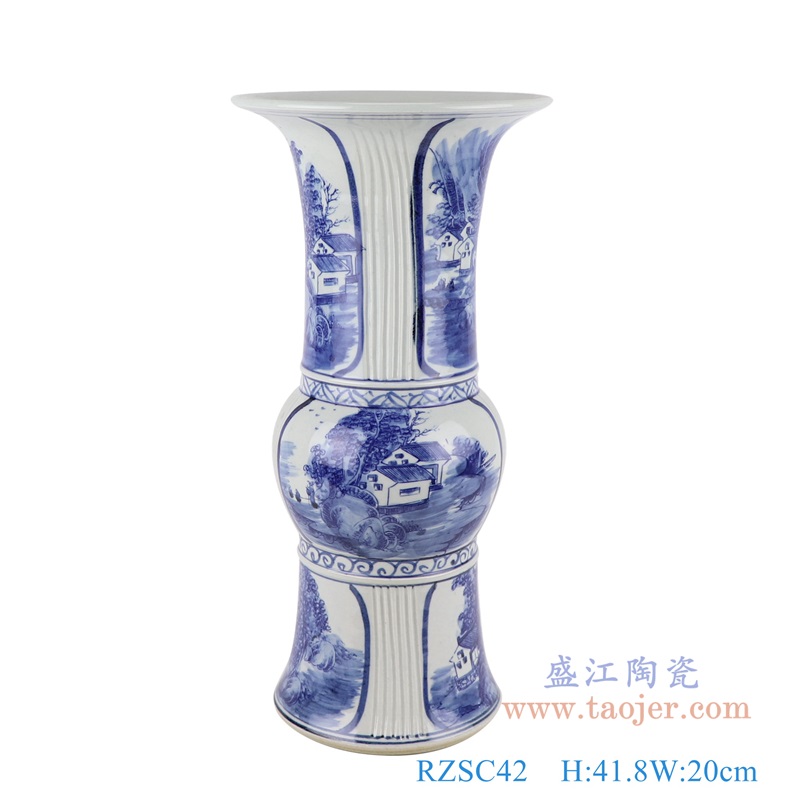 青花开窗山水花菇瓶;产品编号：RZSC42       产品尺寸(单位cm):  高：41.8直径：20口径：底径：14重量：3.3KG