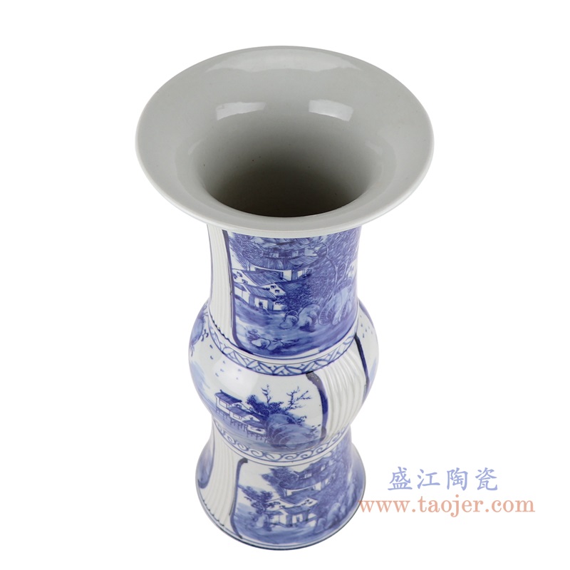 青花开窗山水花菇瓶;产品编号：RZSC42       产品尺寸(单位cm):  高：41.8直径：20口径：底径：14重量：3.3KG