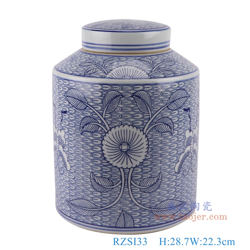 青花太阳花蝴蝶铜钱纹直筒茶叶罐，产品编号：RZSI33       产品尺寸(单位cm):  高28.7直径22.3口径底径重量3.4KG