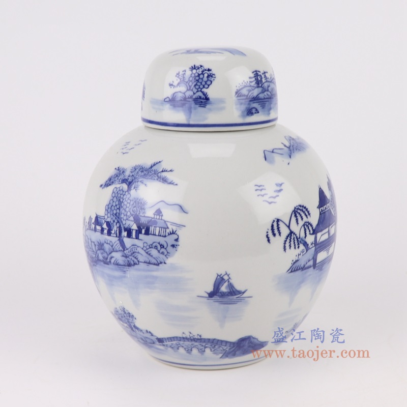 青花山水宝珠坛，产品编号：RXAE-FL15-261       产品尺寸(单位cm):  高19.3直径15.7口径底径8.2重量0.95KG