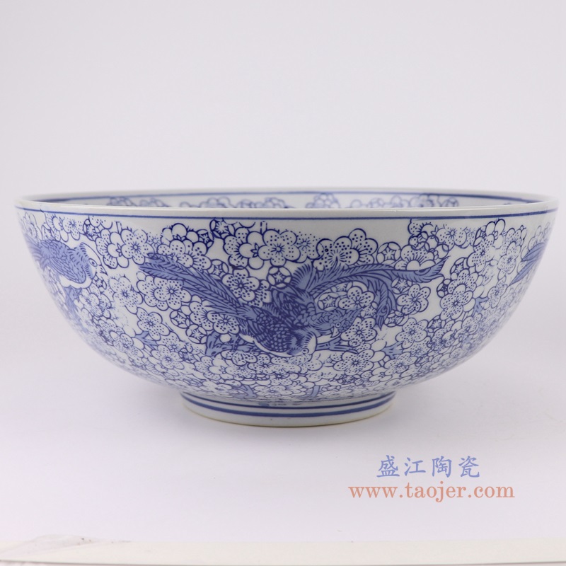 青花花鸟大碗，产品编号：RXAE-FL17-082       产品尺寸(单位cm):  高13.5直径34.2口径底径13.9重量3.2KG