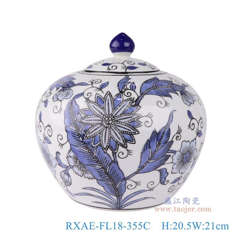 青花花卉西瓜罐西瓜坛，产品编号：RXAE-FL18-355C       产品尺寸(单位cm):  高20.5直径21口径底径13.5重量1.58KG