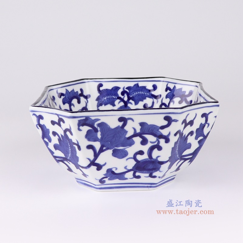 青花缠枝莲八边长方碗，产品编号：RXAE-FL19-243L       产品尺寸(单位cm):  高9.5直径22.2口径底径14重量1.12KG