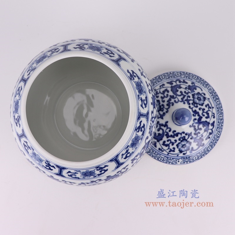 青花缠枝莲茶叶罐，产品编号：RZBG16       产品尺寸(单位cm):  高20.5直径18.6口径底径10.6重量1.45KG