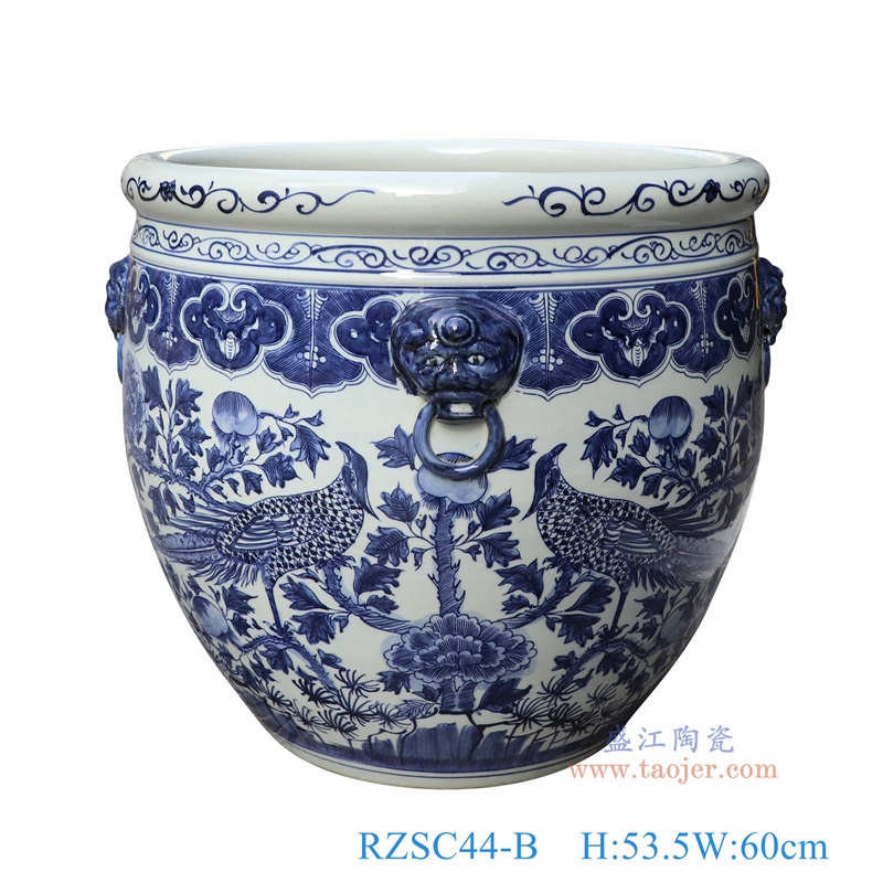 青花锦鸡花鸟狮子耳大缸，产品编号：RZSC44-B       产品尺寸(单位cm):  高53.5直径60口径底径重量KG